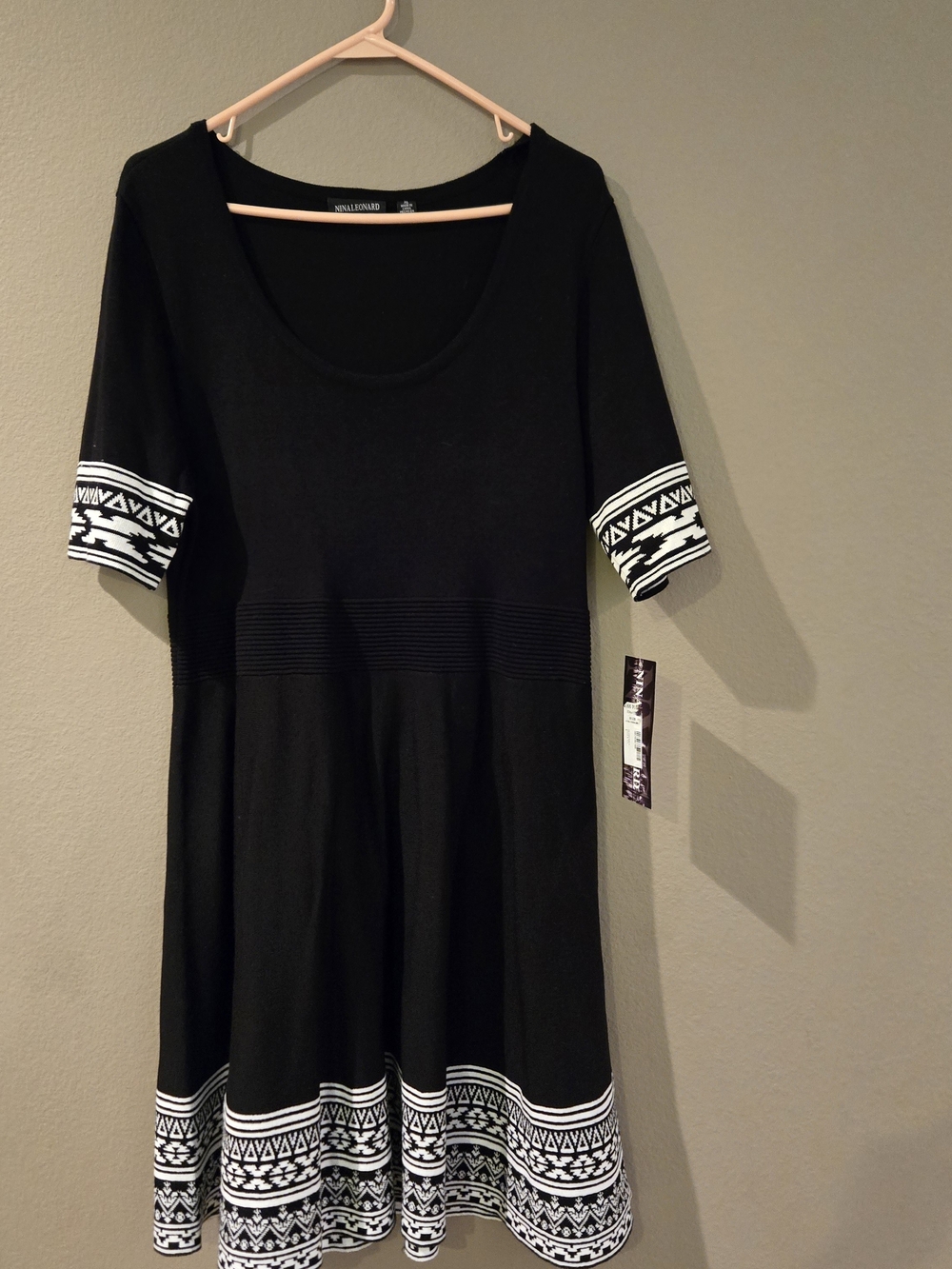 Nina Leonard Black Midi Dress with White Geometric Border Size XL